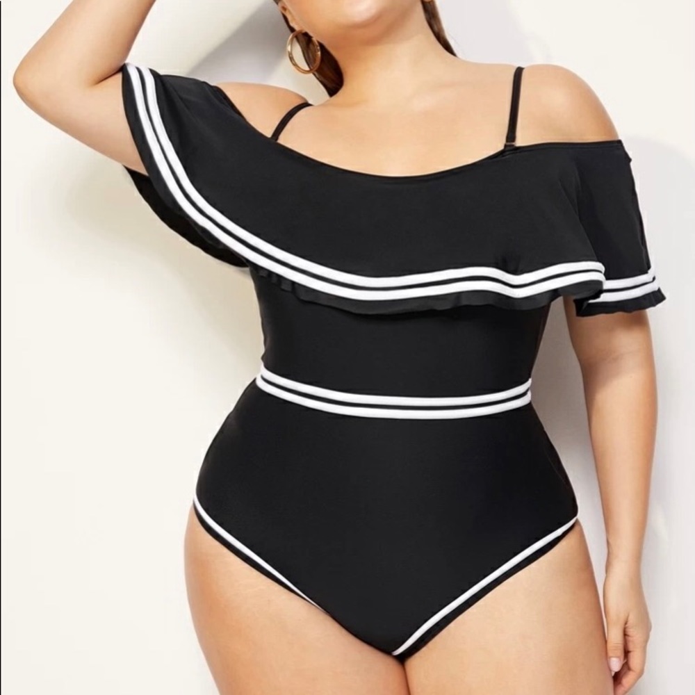 COPY - Striped off the shoulder one piece swimsuit